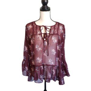 🎉👶 CLOSET SALE 👶🎉 AE Red Floral Print Sheer Bell Sleeve Blouse